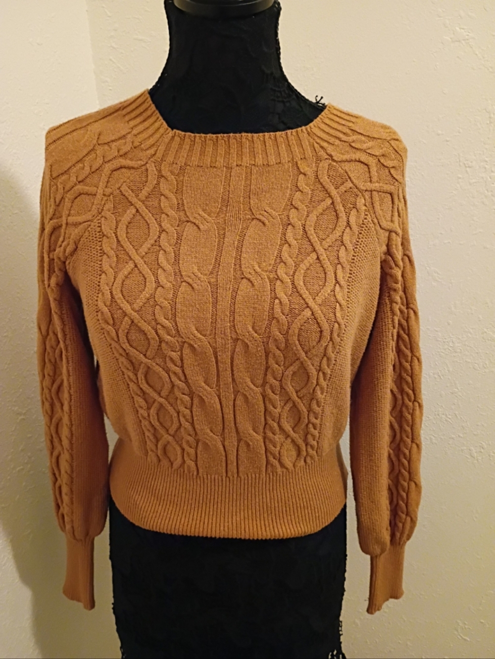 Elegant Cable Knit Crew Neck Sweater in Tan